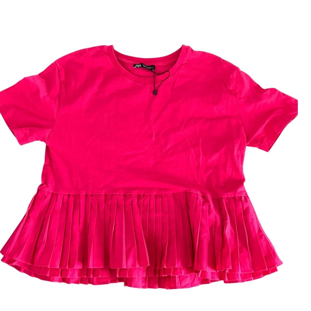 ZARA Hot Pink Pleated Peplum T Shirt Short Sleeve Casual Girly Size S Party‎